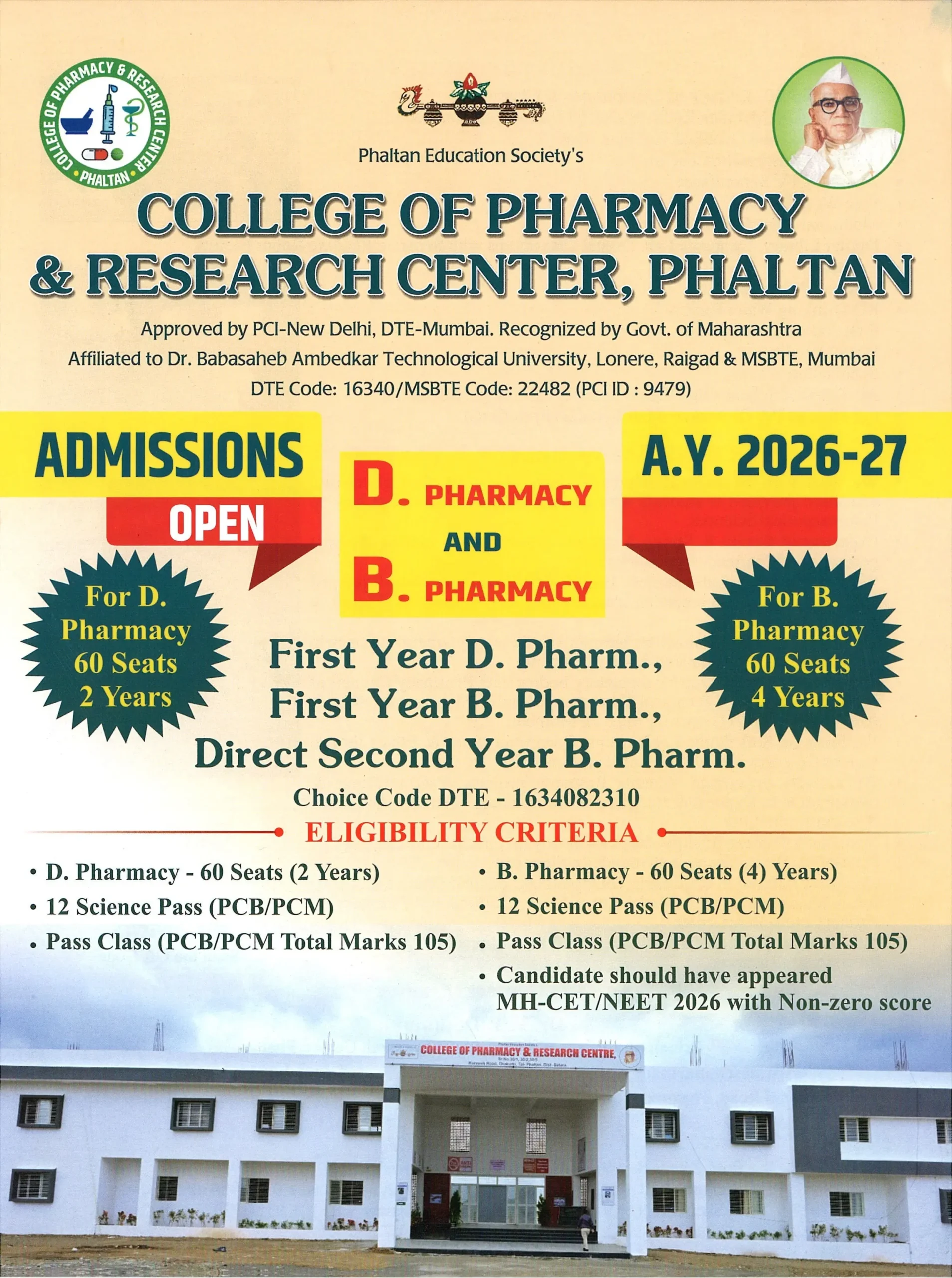 Admissions Open - College of Pharmacy & Research Center Phaltan