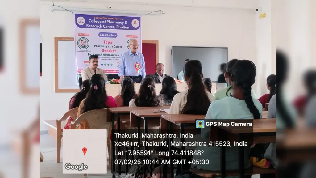 Pharmacy as a Career Guest Lecture at PES College of Pharmacy Phaltan 3 Mr. Arvind Nikam guiding B Pharm and D Pharm students at PES College of Pharmacy Phaltan
