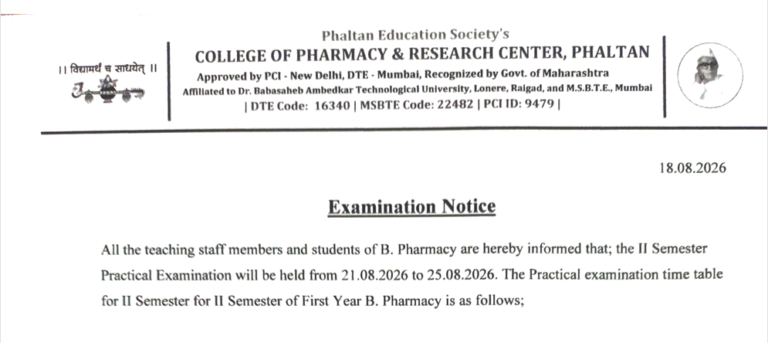B Pharmacy II Semester Practical Examination Time Table 2026 PESCOP Phaltan