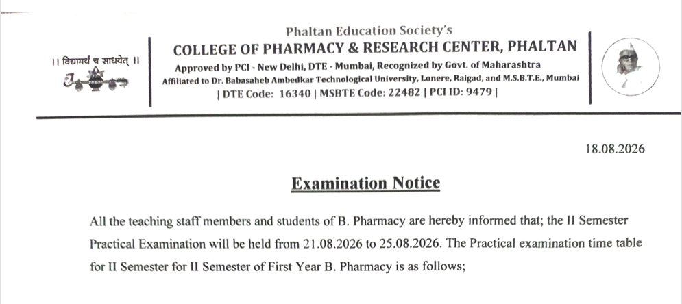 B Pharmacy II Semester Practical Examination Time Table 2026 PESCOP Phaltan