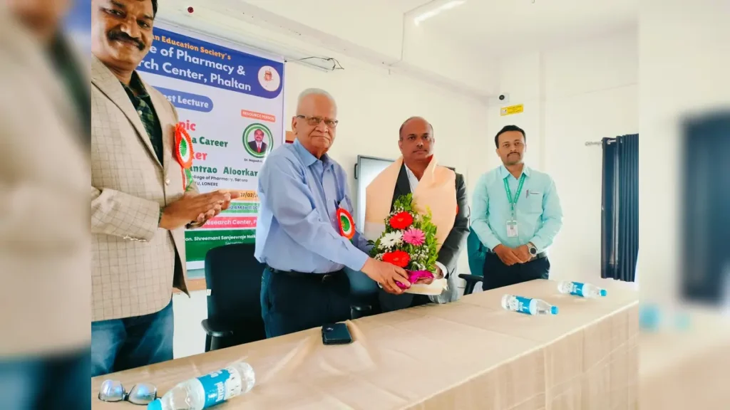 Pharmacy as a Career Guest Lecture at PES College of Pharmacy Phaltan 2 Dr. Nagesh Aloorkar felicitated during Pharmacy as a Career guest lecture