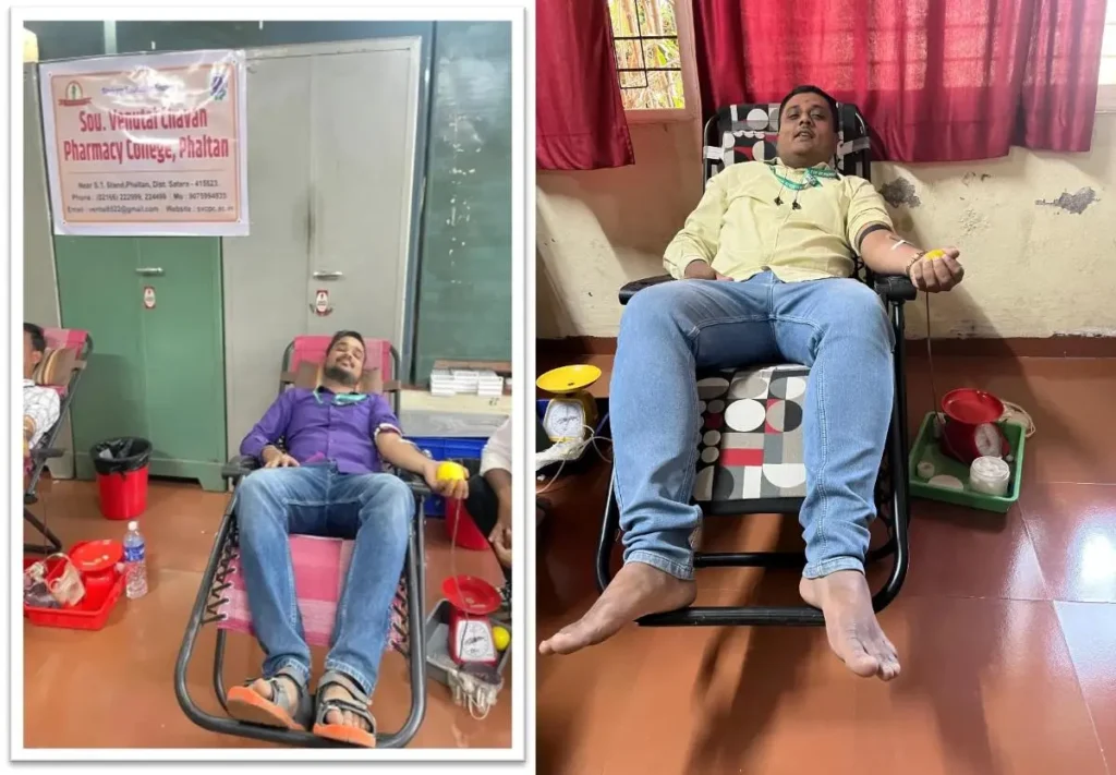 Staff member donating blood during Blood Donation Camp 2025 at PES College of Pharmacy Phaltan