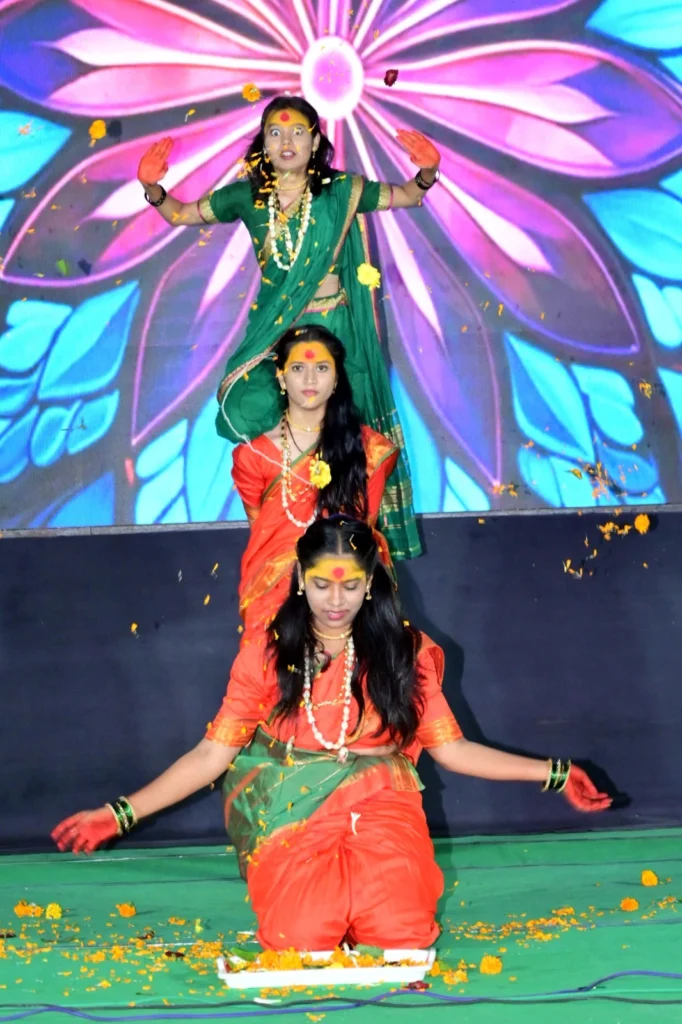 Students performing a traditional cultural dance during Traditional Day 2026 at PES College of Pharmacy Phaltan