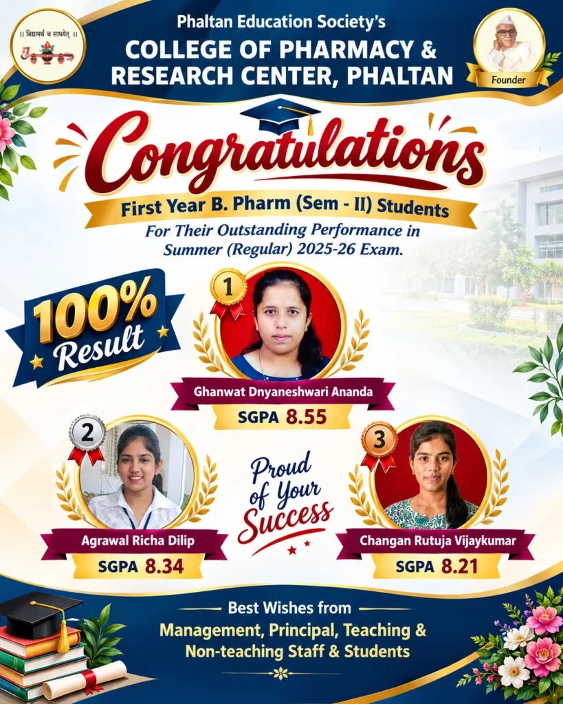 First Year B Pharm Semester II Result 2025-26 | PES Pharmacy Phaltan