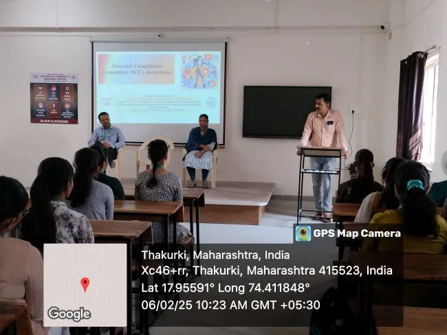 ICC Awareness Program 2025 at PES College of Pharmacy Phaltan 1 Principal Dr Vikram Deshmukh explaining objectives of ICC to pharmacy students