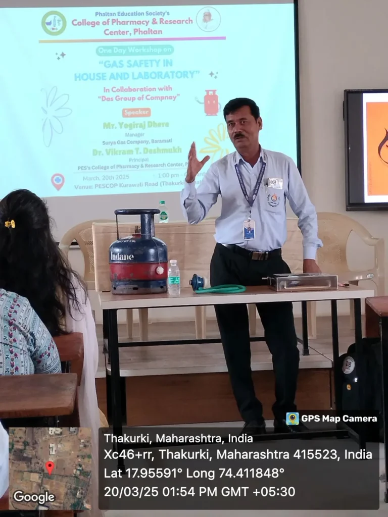 Gas Safety Workshop in Pharmacy College, Phaltan 2 Mr. Yogiraj Dhere conducting gas safety workshop for pharmacy students